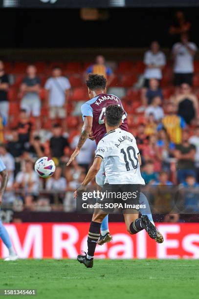 Andre Almeida of Valencia CF, and Boubacar Samara of Aston Villa Football Club in action during the La Liga EA Sport Regular PRE Season between...