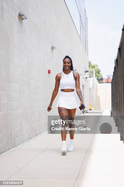 Queen Egbo of the Washington Mystics arrives at the arena before the game against the Los Angeles Sparks on August 6, 2023 at Entertainment and...