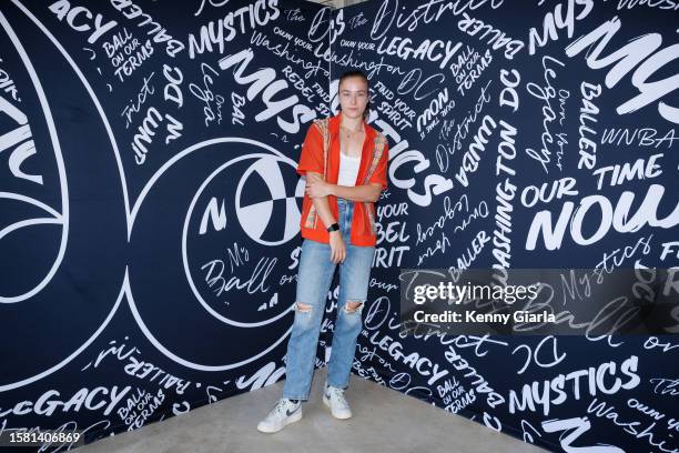 Abby Meyers of the Washington Mystics arrives at the arena before the game against the Los Angeles Sparks on August 6, 2023 at Entertainment and...