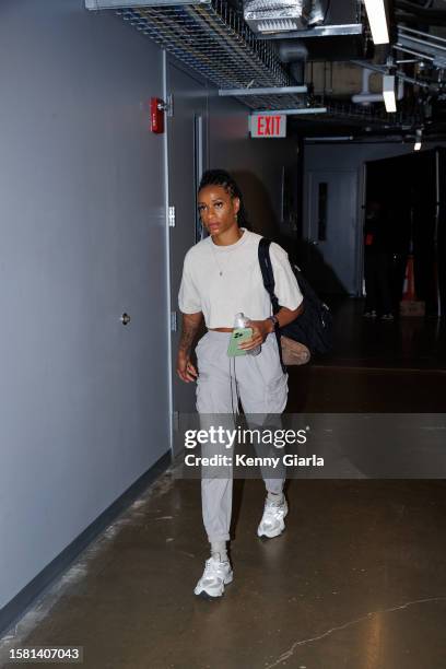 Jasmine Thomas of the Los Angeles Sparks arrives at the arena before the game against the Washington Mystics on August 6, 2023 at Entertainment and...