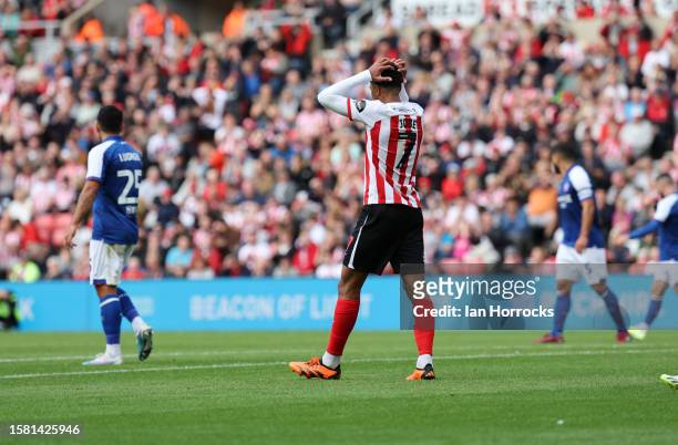 Jobe Bellingham of Sunderland after putting his shot over the bar during the Sky Bet Championship match between Sunderland and Ipswich Town at...
