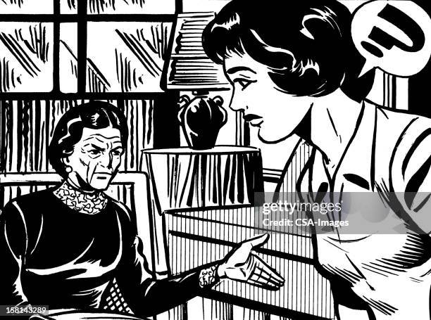 young woman talking to elderly woman - age contrast stock illustrations