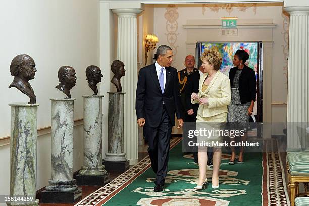 President Barack Obama With President Of Ireland Mary Mcaleese Walking In The Francini Corridor At Aras An Uachtarain During President Obama'S Visit...