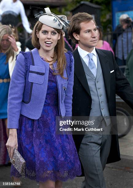 Princess Beatrice And Dave Clark Attend The Wedding Of Sam Waley-Cohen And Annabel Ballin At St. Michael And All Angels Church In Lambourn, England.