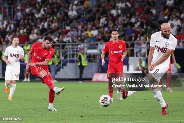 Andrei Cordea of FCSB takes a shot during the SuperLiga Round 4 match between FCSB and CFR Cluj at Stadionul Steaua on August 06, 2023 in Bucharest,...