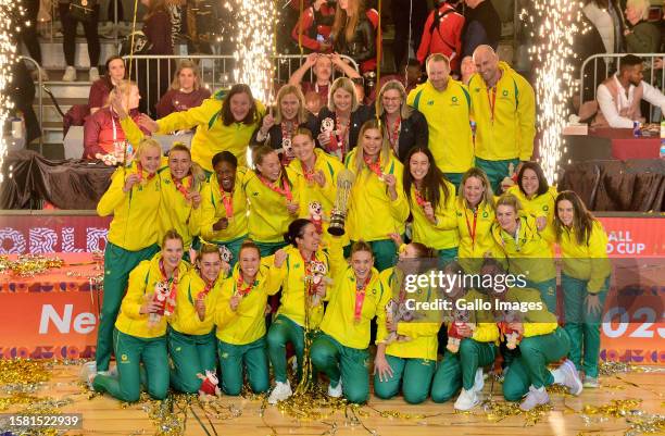 Australia celebrates winning during the Netball World Cup Medal Presentation at Cape Town International Convention Centre, Court 1 on August 06, 2023...