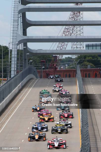 Cars cross over the during Korean War Veterans Memorial Bridge during the INDYCAR Series Music City Grand Prix, August 6, 2023 on a road course in...
