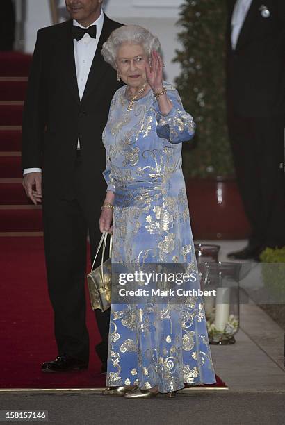 Queen Elizabeth Ll Attends A Pre Wedding Party At The Mandarin Oriental Hotel The Evening Before The Wedding Of Prince William And Kate Middleton In...