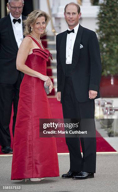 Prince Edward And Sophie Rhys-Jones, Countess Of Wessex Attend A Pre Wedding Party At The Mandarin Oriental Hotel The Evening Before The Wedding Of...