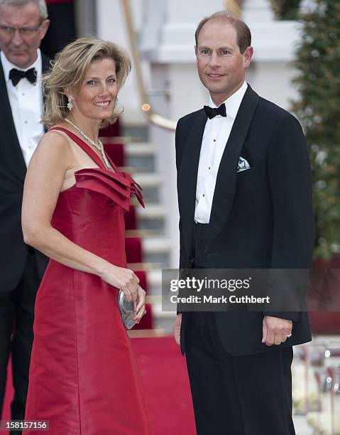 Prince Edward And Sophie Rhys-Jones, Countess Of Wessex Attend A Pre Wedding Party At The Mandarin Oriental Hotel The Evening Before The Wedding Of...