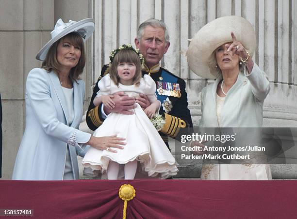 Carole Middleton, Prince Charles, Holding Bridesmaid Eliza Lopes And The Duchess Of Cornwall, On The Balcony Of Buckingham Palace, London, Following...