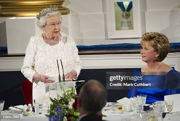 Queen Elizabeth Ll And Duke Of Edinburgh Attend A State Banquet At Dublin Castle With President And Dr Mcaleese And Also Prime Minister Cameron, In...