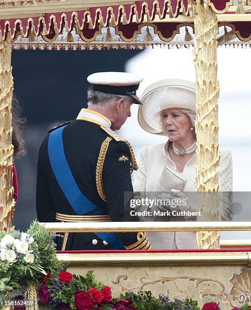 Prince Charles And Camilla, Duchess Of Cornwall On Board The Royal Barge For The Thames Diamond Jubilee Pageant.