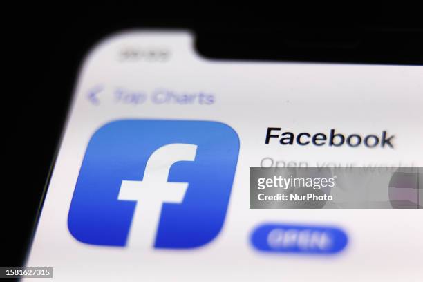 Facebook on App Store displayed on a phone screen is seen in this illustration photo taken in Krakow, Poland on August 6, 2023.