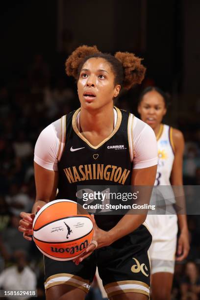 Tianna Hawkins of the Washington Mystics shoots a free throw during the game against the Los Angeles Sparks on August 6, 2023 at Entertainment and...