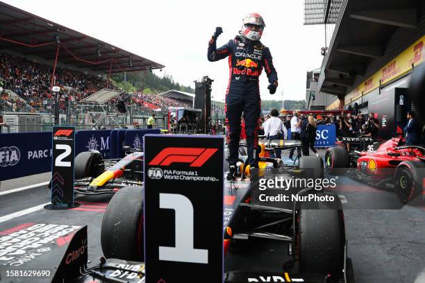 Max Verstappen of Red Bull Racing celebrates after the Formula 1 Belgian Grand Prix at Spa-Francorchamps in Spa, Belgium on July 30, 2023.