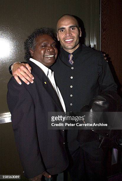 Mandawuy Yunupingu from the band Yothu Yindi with Anthony Mundine backstage at the 6th Annual Deadly Awards at City Live on October 22, 2000 in...