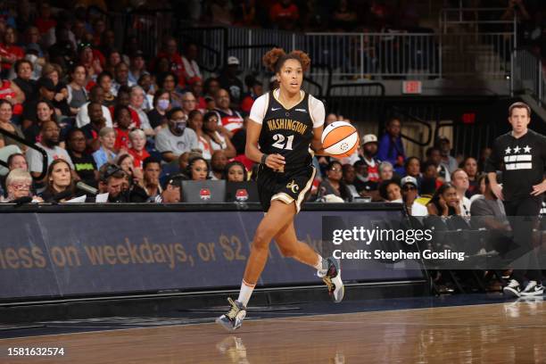 Tianna Hawkins of the Washington Mystics dribbles the ball during the game against the Los Angeles Sparks on August 6, 2023 at Entertainment and...