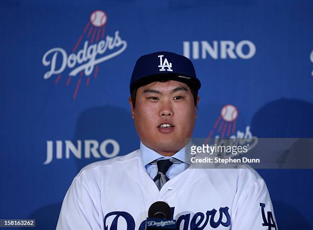 Pitcher Hyun-Jin Ryu speaks at a press conference introducing him following his signing with the Los Angeles Dodgers at Dodger Stadium on December...