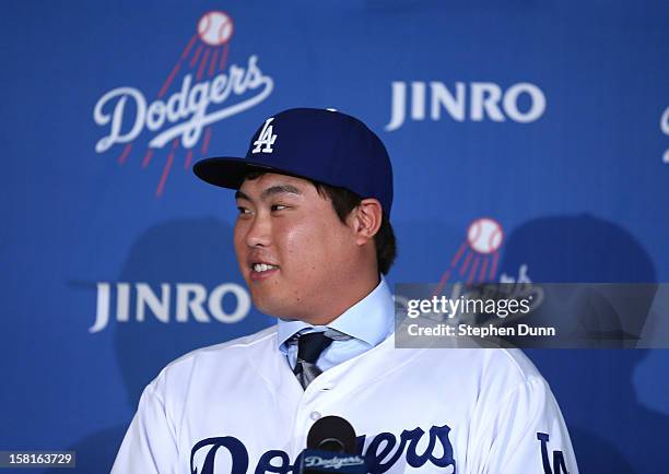 Pitcher Hyun-Jin Ryu speaks at a press conference introducing him following his signing with the Los Angeles Dodgers at Dodger Stadium on December...