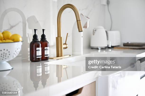 kitchen counter in a luxury kitchen - detergente da louça imagens e fotografias de stock