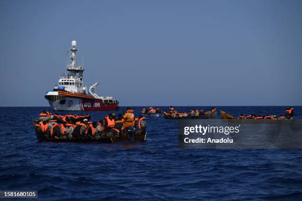 Migrants of different nationalities, 50 of which are unaccompanied, departed from Tunisia are rescued by the Spanish NGO Open Arms near Lampedusa,...