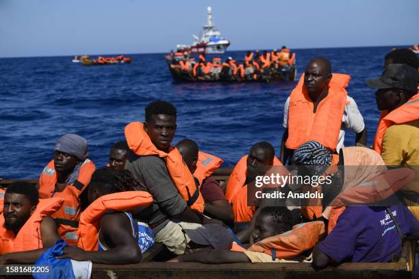 Migrants of different nationalities, 50 of which are unaccompanied, departed from Tunisia are rescued by the Spanish NGO Open Arms near Lampedusa,...