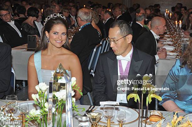 Princess Madeleine of Sweden and Nobel Prize in Medicine laureate Professor Shinya Yamanaka of Japan attend the Nobel Banquet at Town Hall on...