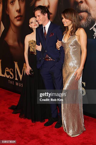 Amanda Seyfried, Eddie Redmayne and Samantha Barks attend the "Les Miserables" New York premiere at the Ziegfeld Theater on December 10, 2012 in New...