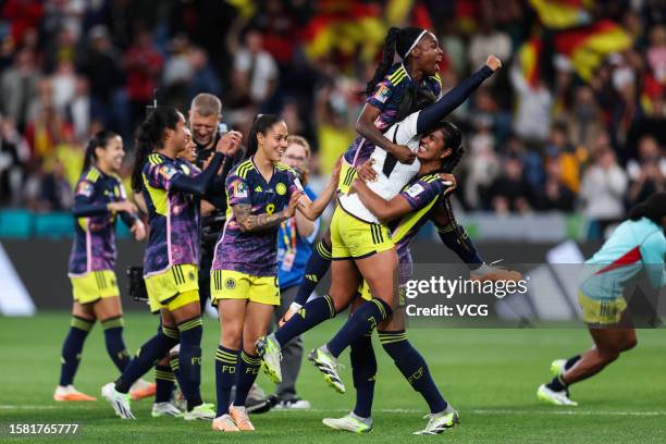 Players of Team Colombia celebrate during the FIFA Women's World Cup Australia & New Zealand 2023 Group H match between Germany and Colombia at...