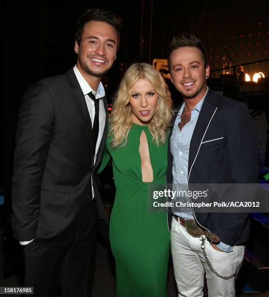 Singers Eric Gunderson of Love and Theft, Natasha Bedingfield and Stephen Barker Liles of Love and Theft attend the 2012 American Country Awards at...