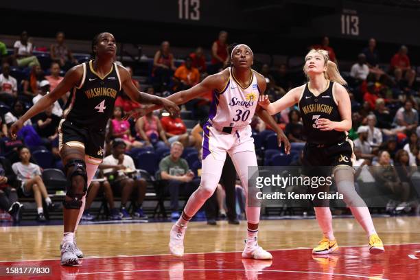 Nneka Ogwumike of the Los Angeles Sparks attempts to rebound the ball during the game against the Washington Mystics on August 6, 2023 at...