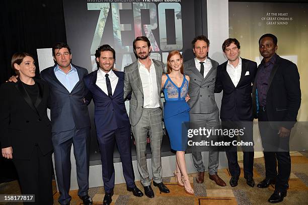 Producer Megan Ellison, actors Kyle Chandler, Edgar Ramirez, writer Mark Boal, actors Jessica Chastain, Jason Clarke, Mark Duplass, and Harold...