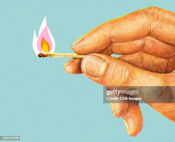 hand holding beleuchtete übereinstimmung - langes streichholz stock-grafiken, -clipart, -cartoons und -symbole