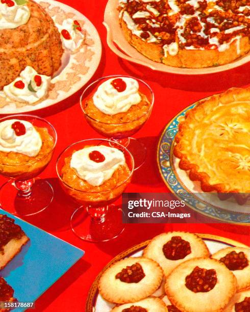 table full of desserts - dessert buffet stock illustrations