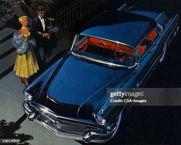 woman and man about to get into blue car - holding hands in car stock illustrations