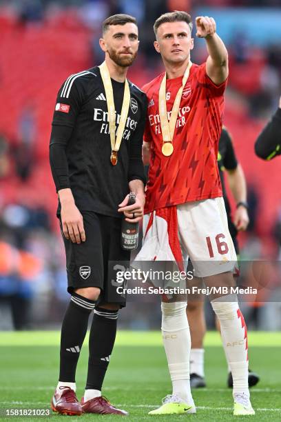Matt Turner and Rob Holding of Arsenal celebrates after winning The FA Community Shield match between Manchester City against Arsenal at Wembley...