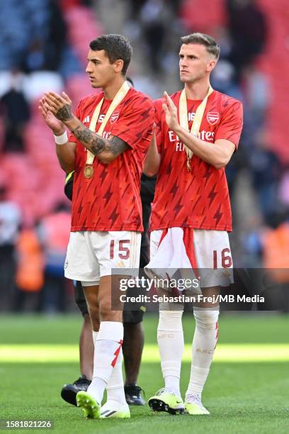 Jakub Kiwior and Rob Holding of Arsenal celebrates after winning The FA Community Shield match between Manchester City against Arsenal at Wembley...