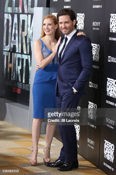 Jessica Chastain and Edgar Ramirez attend the "Zero Dark Thirty" Los Angeles premiere at Dolby Theatre on December 10, 2012 in Hollywood, California.