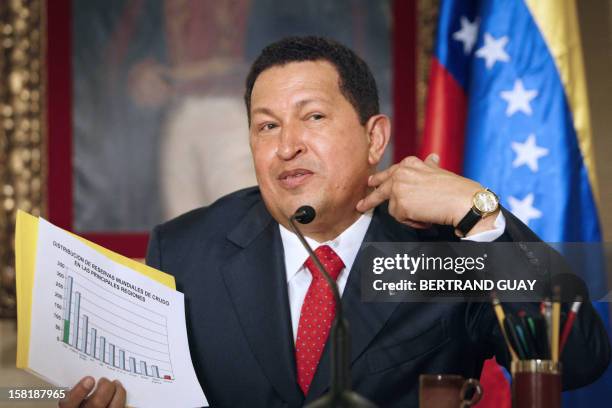 Venezuelan President Hugo Chavez gestures as he speaks during a press conference, 20 November 2007 in Paris. The Colombian rebel group FARC has...