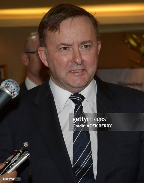 Australia's Minister for Insfrastructure and Transport Anthony Albanese speaks to journalists after a signing ceremony of Memorandum of Understanding...