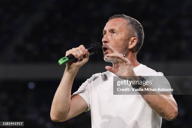 Mihai Stoica of FCSB talks with the fans during the SuperLiga Round 4 match between FCSB and CFR Cluj at Stadionul Steaua on August 06, 2023 in...