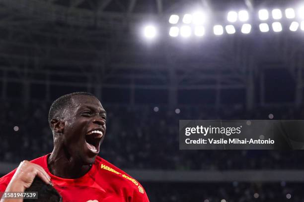 Joyskim Dawa of FCSB celebrates a goal scored during the SuperLiga Round 4 match between FCSB and CFR Cluj at Stadionul Steaua on August 06, 2023 in...
