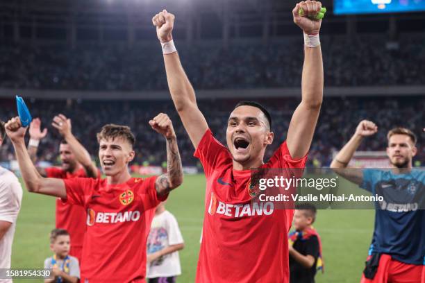 Adrian Sut of FCSB celebrates the victory with the fans during the SuperLiga Round 4 match between FCSB and CFR Cluj at Stadionul Steaua on August...