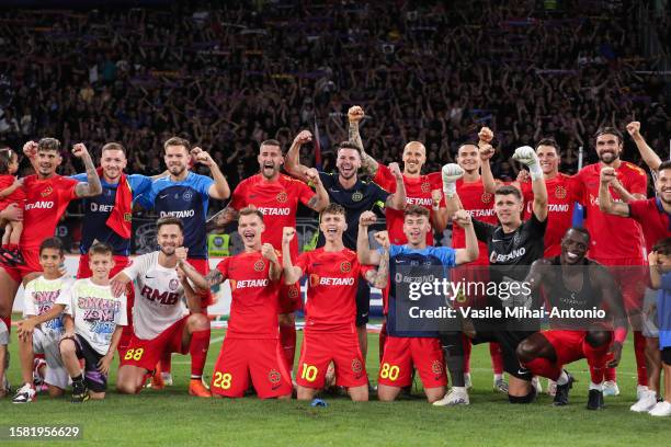 Players of FCSB celebrates after the winning during the SuperLiga Round 4 match between FCSB and CFR Cluj at Stadionul Steaua on August 06, 2023 in...