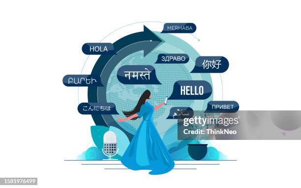 young people chatting in foreign languages. vector illustration for web banner, infographics, mobile. - linguistics 幅插畫檔、美工圖案、卡通及圖標
