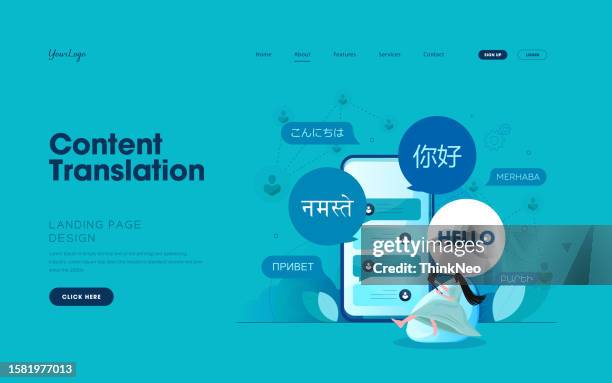 online-konzept der mehrsprachigen übersetzer-app - übersetzung stock-grafiken, -clipart, -cartoons und -symbole