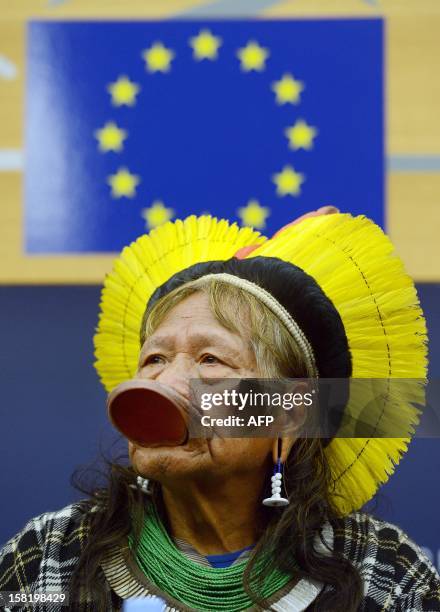 Amazonian Indian tribe Kayapo chief Raoni Metuktire speaks during a press conference at the European Parliament in Strasbourg, eastern France, on...