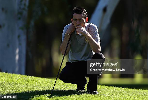 Jason Levermore of Clacton Golf Club lines up a putt on the 14th green during the second day of the Titleist PGA Play-Offs at the PGA Sultan Course,...