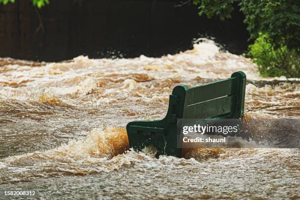 flooded park bench - flood stockfoto's en -beelden